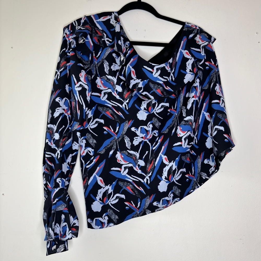 Tanya Taylor Orla Blue Black Red‎ Flora One Shoulder Silk Ruffle Top Size 12 - Picture 6 of 12